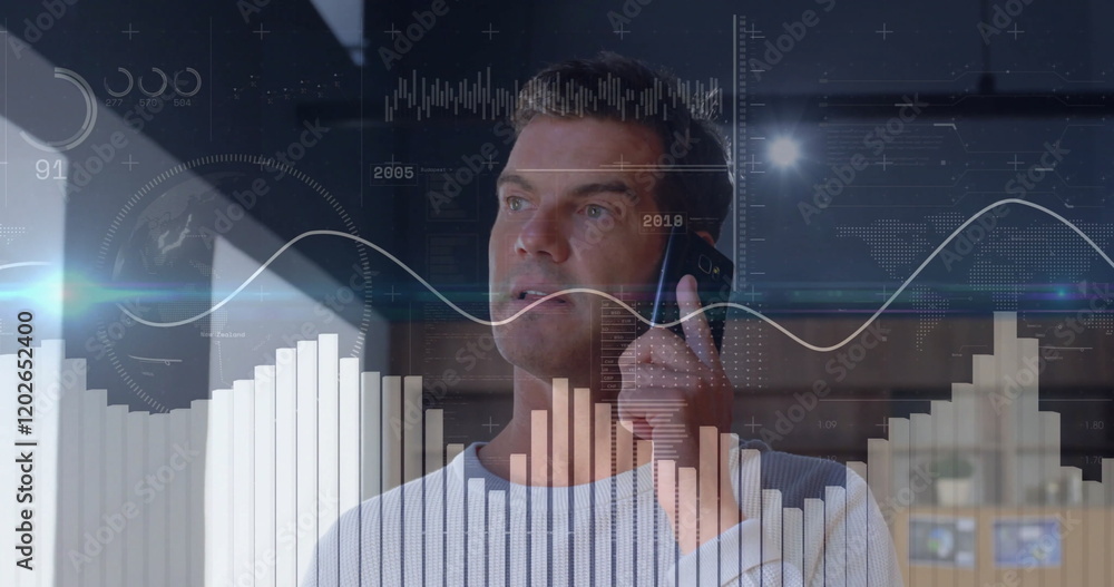 Aufkleber image of data processing and diagrams over caucasian man talking on smartphone