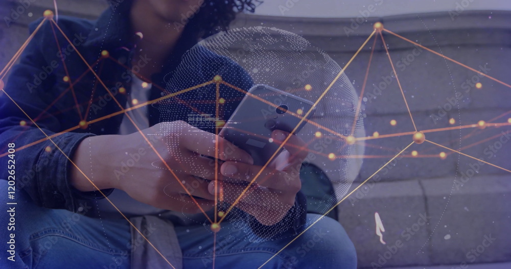 Poster image of data processing and globe over biracial man using smartphone