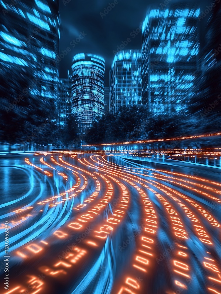 Aufkleber Vivid Digital Highway with Binary Code Light Streams Among Skyscrapers : Generative AI