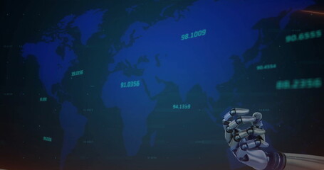 Image of data processing and world map over robotic arm
