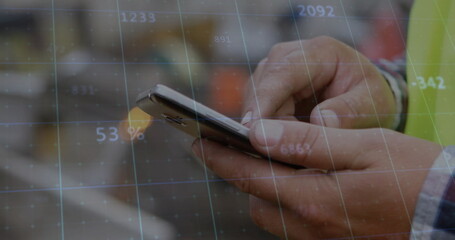 Image of data processing over biracial man using smartphone