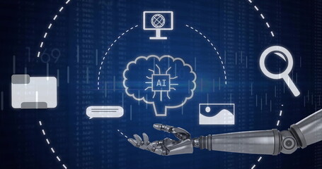 Image of data processing and ai icons over robotic arm