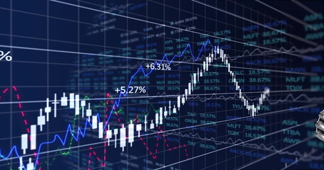 Image of data processing and diagrams over robotic arm