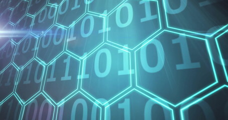 Image of binary coding and data processing over hexagons on black background