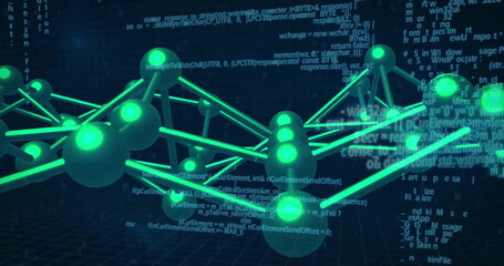 Image of dna strand, binary coding and data processing over black background