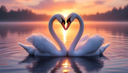 Fototapeta premium Loving Swans: Heart-Shaped Sunset Serenity