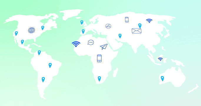 Image of digital icons over world map on green background