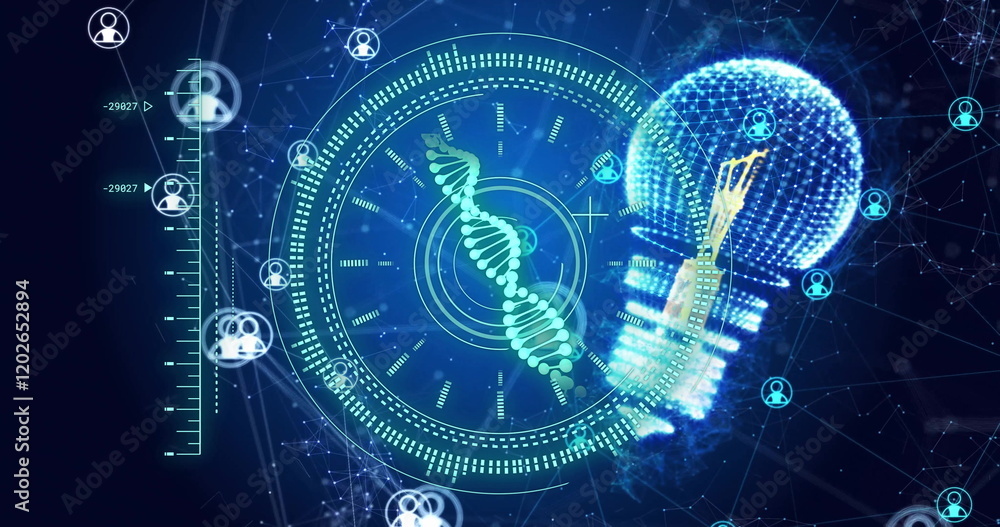 Poster dna strand and light bulb image over network of connections and user icons