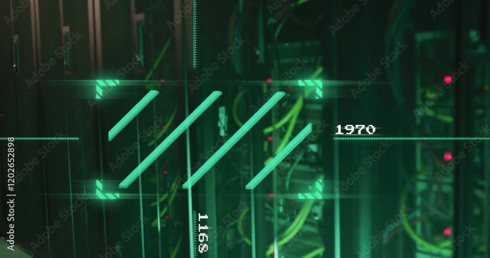 Poster data processing image over server room with cables and equipment