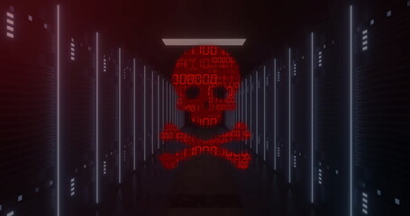 Red circuitry and digital skull image over dark server room background