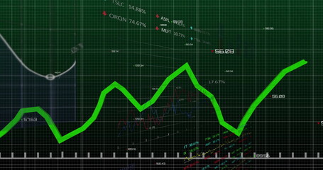 Image of financial data processing over grid on dark background