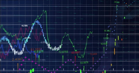 Image of financial data processing over grid on dark background