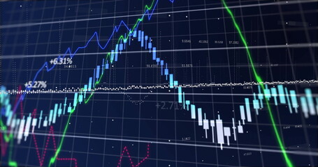 Image of financial data processing over grid on dark background