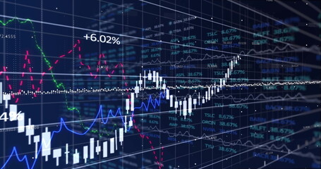 Image of financial data processing over grid on dark background