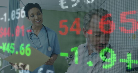 Image of financial data processing over diverse doctors and patient in hospital
