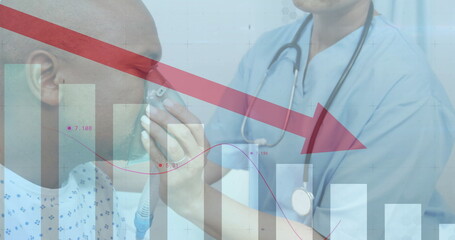 Image of financial data processing over diverse doctor and patient in hospital