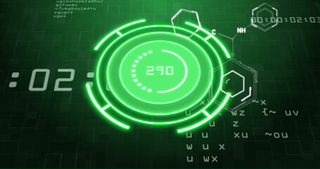 Green circular image with chemical formulas and digital codes