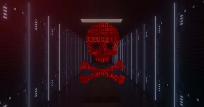 Red circuitry and digital skull image over dark server room background - Powered by Adobe