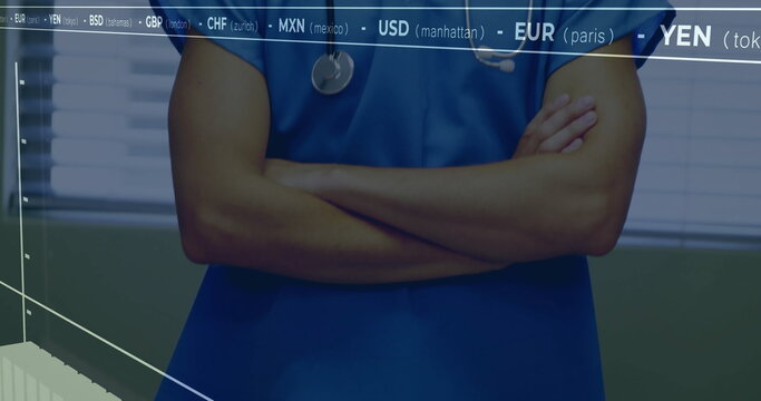 Image of financial data processing over biracial male doctor in hospital