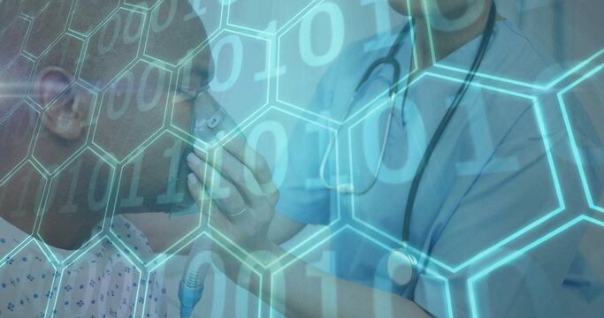 Image of binary coding data processing over diverse female doctor and male patient