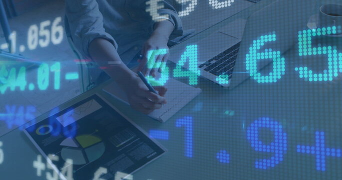 Image of financial data processing over caucasian female doctor in hospital