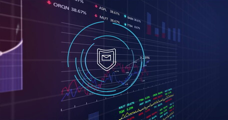 Shield icon and data charts, cybersecurity image over financial graphs