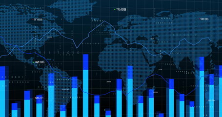 Financial data and graph image over digital map of Europe and Africa