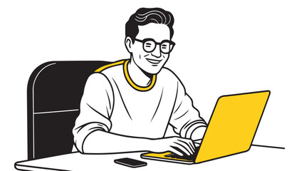 illustration of a man working on a laptop computer set inside circle done in retro woodcut style.