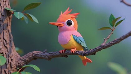 Charming Pastel Bird Perched on Branch: A Whimsical 3D Illustration