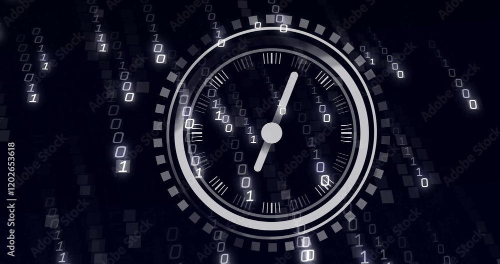 Aufkleber image of moving clock over data processing on black background