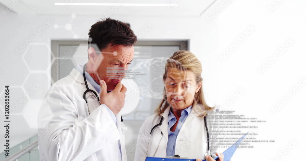 Poster image of data processing with brains and molecules over diverse doctors reading documents