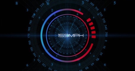 Image of speedometer over data processing on black background
