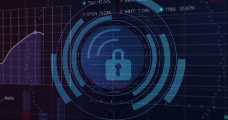 Image of digital data processing over padlock icon on black background