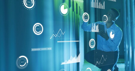 Image of financial data processing over african american businessman working in server room