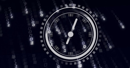Fototapeta premium Image of moving clock over data processing on black background