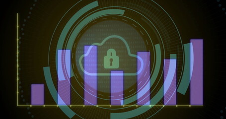 Image of digital data processing over cloud and padlock icon on black background