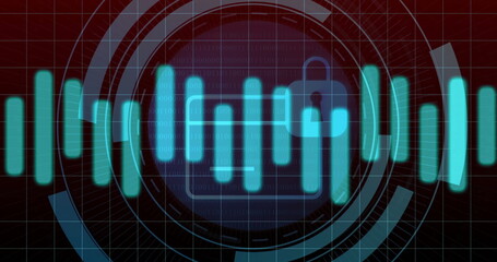 Image of digital data processing over padlock icon on black background
