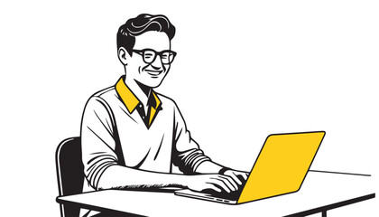 Vector illustration of a man working on his laptop at his desk.