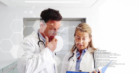 Image of data processing with brains and molecules over diverse doctors reading documents