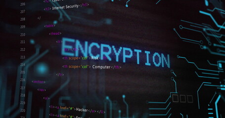 Image of encryption text over data processing on black background