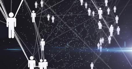 Image of network of connections with icons over light trails on black background