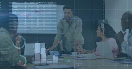 Image of financial data processing over diverse colleagues discussing work in office