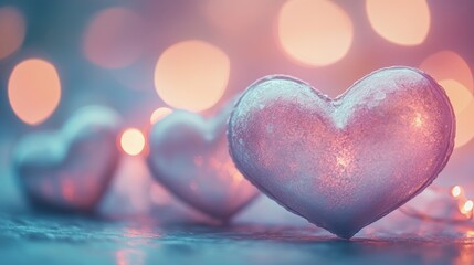 Colorful heart-shaped ice sculptures create a romantic atmosphere with blurred lights in the background during a nighttime setting