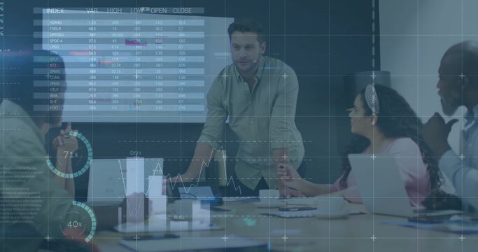 Image of financial data processing over diverse colleagues discussing work in office