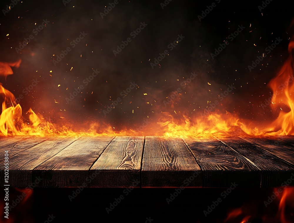 Poster fiery wooden plank setting with intense flames and smoky atmosphere for designs : generative ai