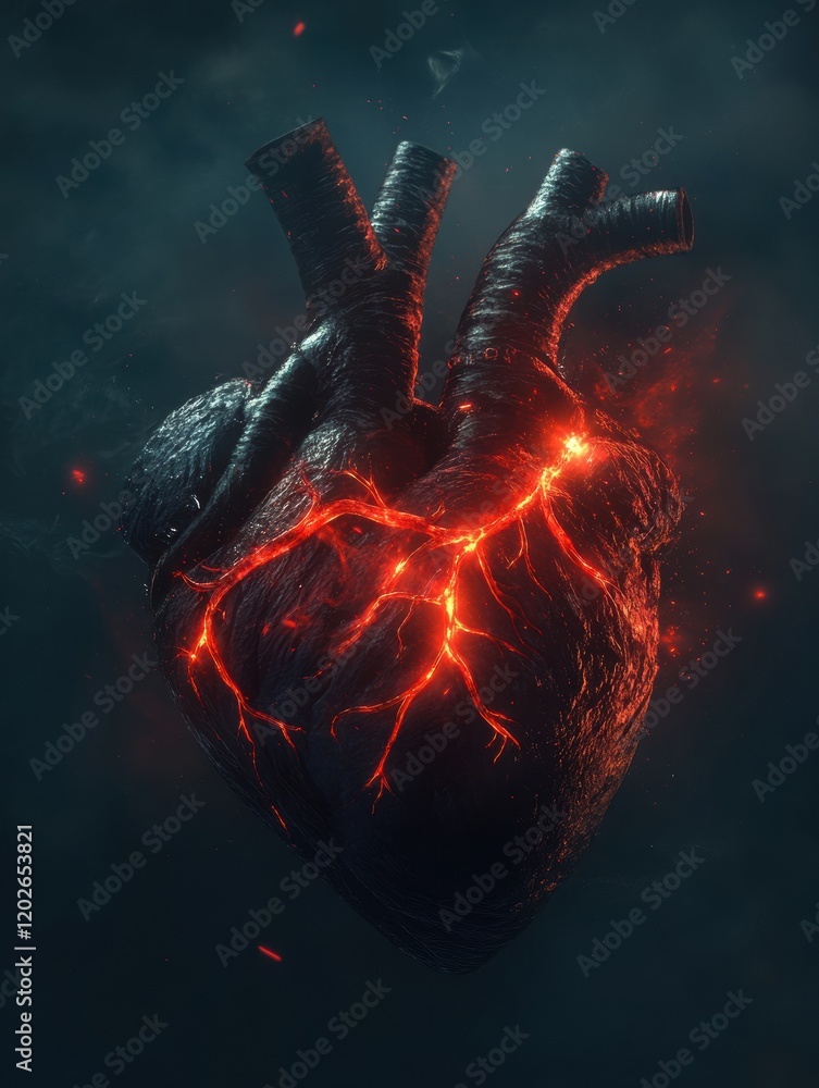 Fototapete Heart with glowing veins surrounded by a dark environment representing emotion and passion in an artistic style. Generative AI