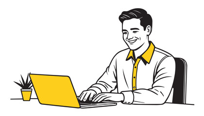 Vector illustration of a young businessman sitting at his desk and working on his laptop