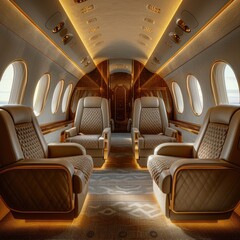 Fototapeta premium Luxurious private jet cabin interior with plush beige leather seats, gold accents, and ambient lighting.