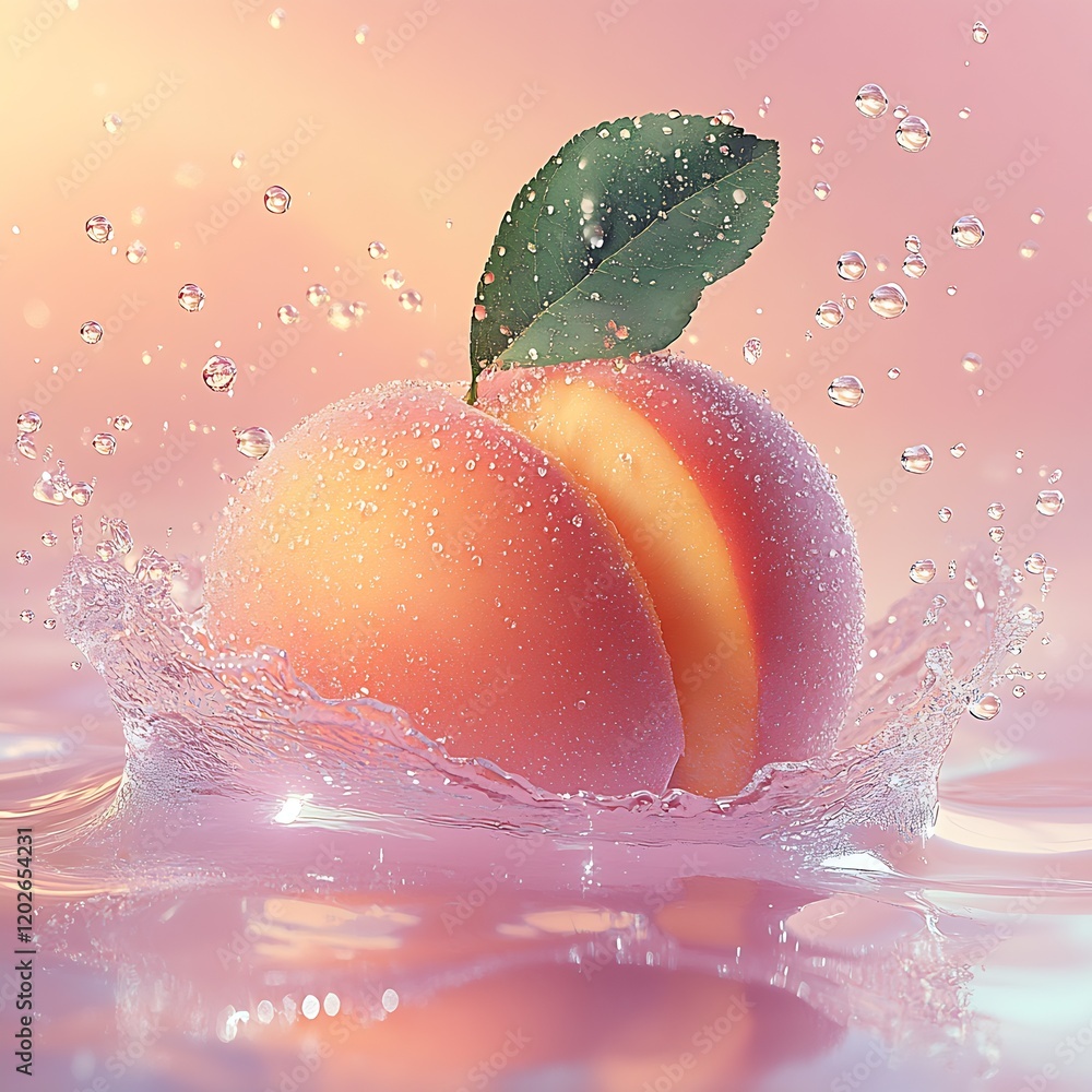 Poster vibrant peach splashing into water with dew and fresh leaf sunset background : generative ai