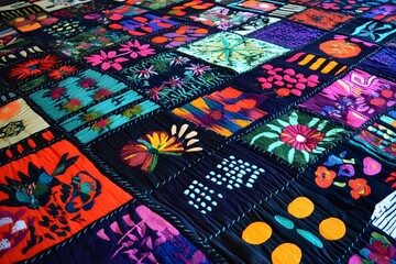 A colorful handcrafted Guatemalan cotton textile laid out to display its bright tones and intricate design.